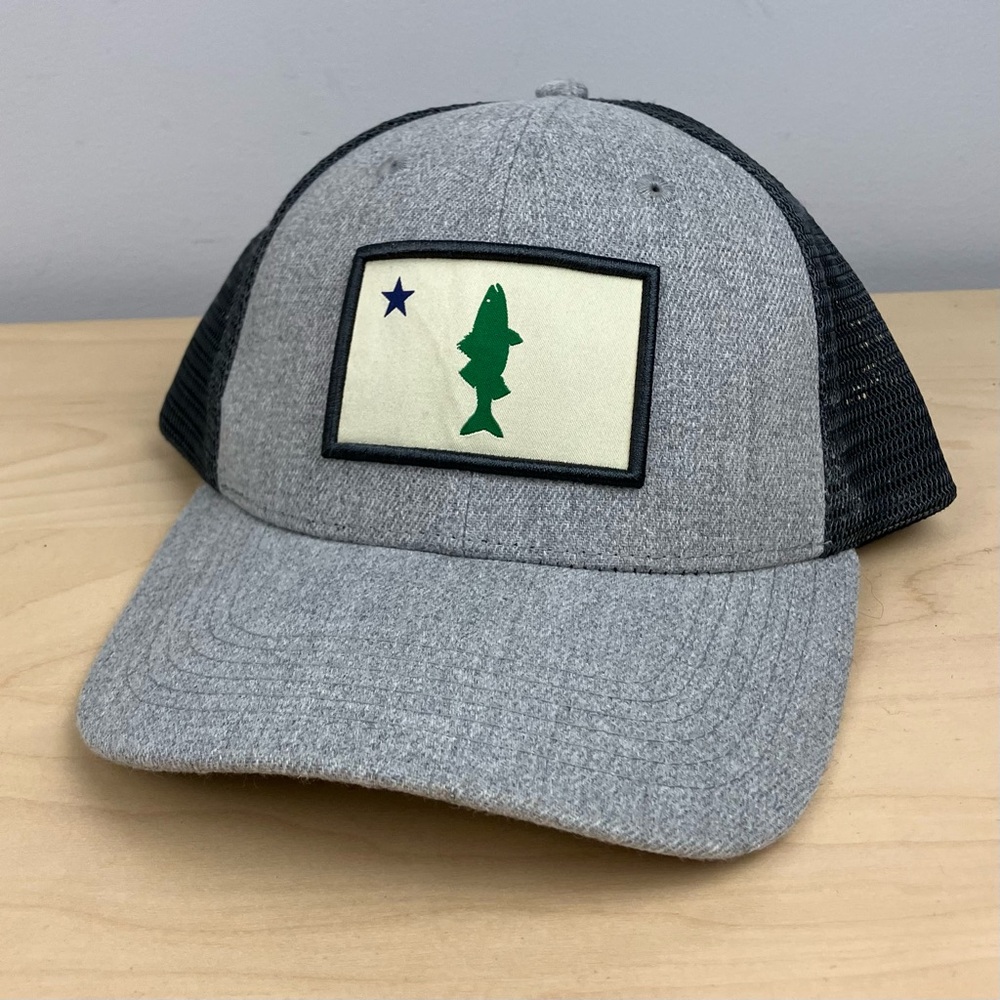 Old Maine Outfitters Mesh Snapback Trucker Hat Gray Fish Flag Patch Logo